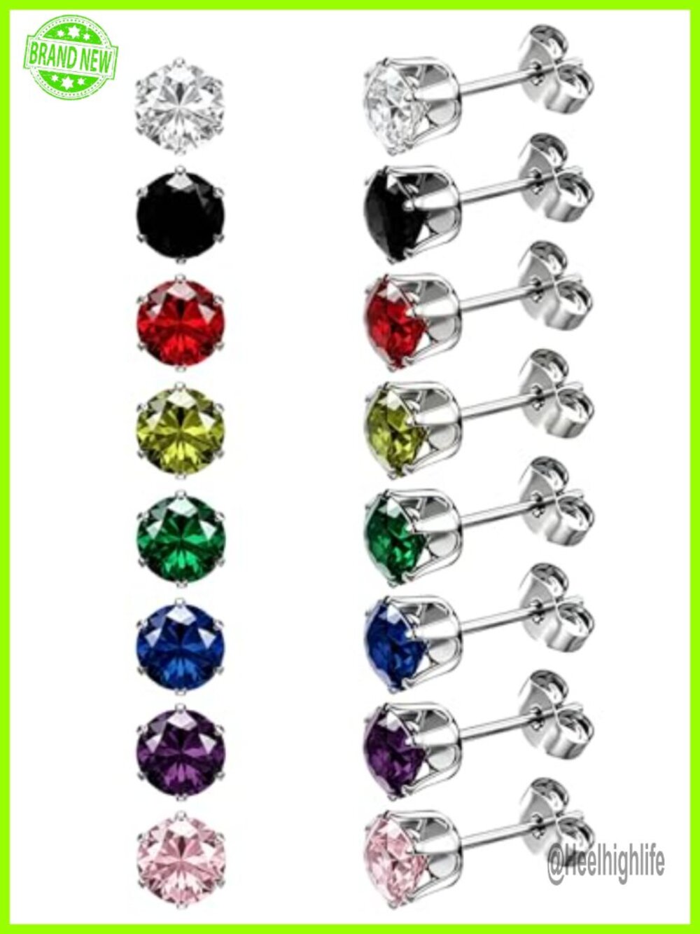 8 Pairs Stud Earrings Set Surgical Steel Cubic Zirconia Hypoallergenic